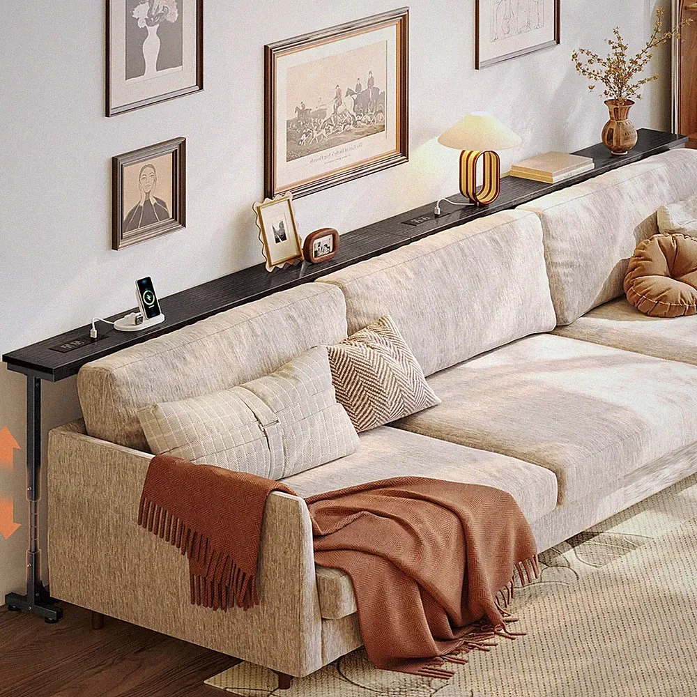 Adjustable 102.4" Black Sofa Table with Power Outlets & USB-C for Small Spaces