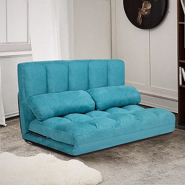 Adjustable Floor Sofa Bed with 2 Pillows - 6 Positions, Blue Suede Couch