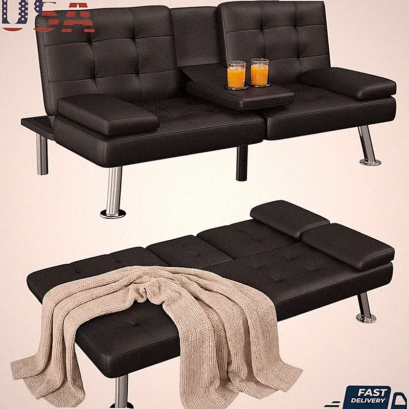 Adjustable Folding Futon Sofa Bed W/ Dual Cup Holders Living Room Guest Room New