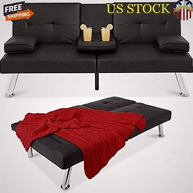 Adjustable Futon Sofa Bed Convertible Couch W/ Cupholders Removable Armrests New