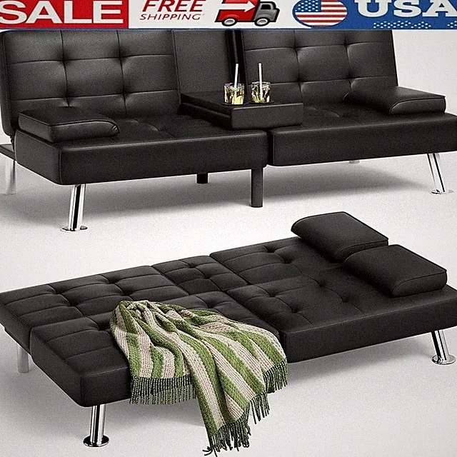 Adjustable Futon Sofa Bed Leather Couch W/ Cup Holders & Removable Pillows New