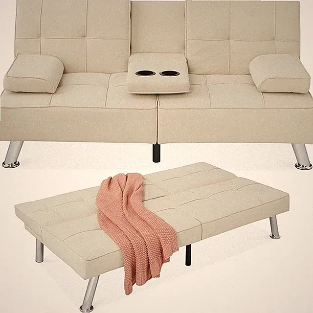 Adjustable Futon Sofa Bed W/ Cupholders Stylish Compact Couch Small Spaces New