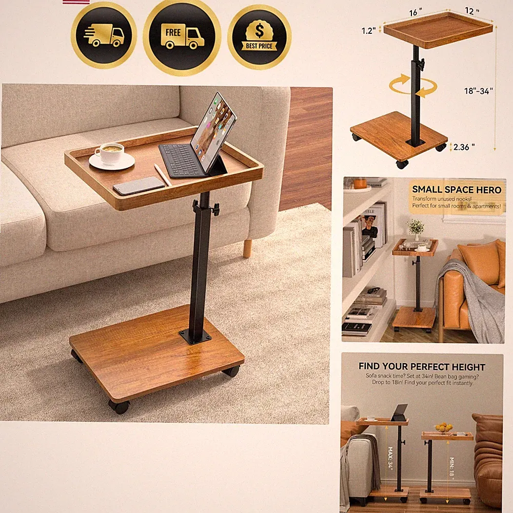 Adjustable Height Swivel C Side Table with Wheels for Sofa Bed Living Room
