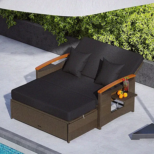 Adjustable Outdoor Daybed with Cushions & Storage Ottoman - Black Wicker Set