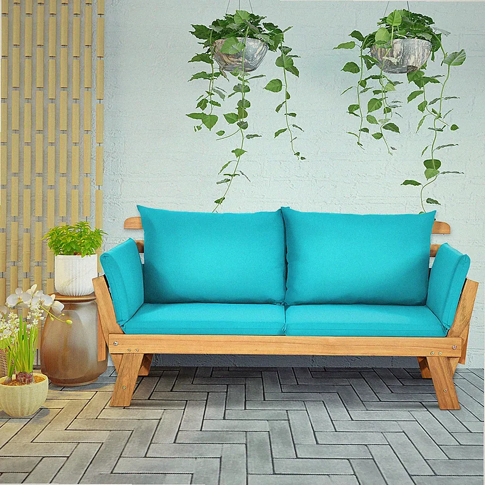 Adjustable Patio Sofa Daybed Acacia Wood Furniture w/ Turquoise Cushions