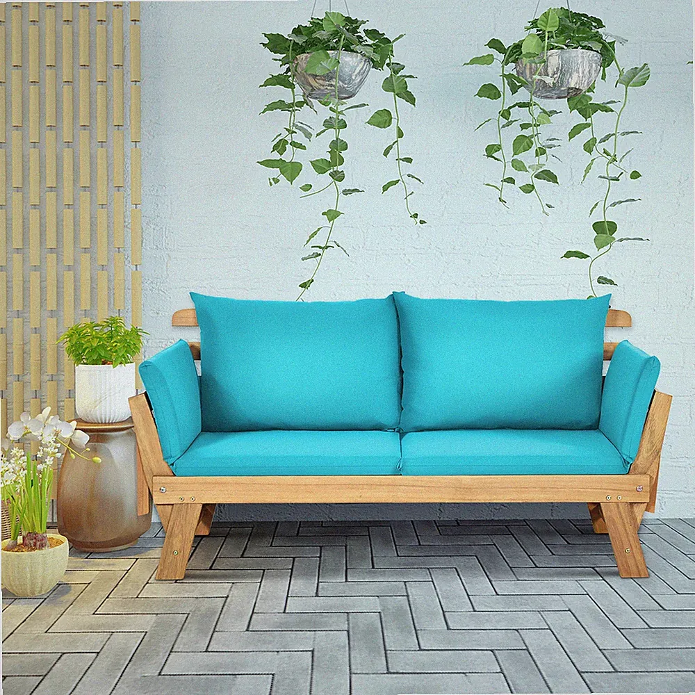 Adjustable Patio Sofa Daybed Acacia Wood Furniture w/ Turquoise Cushions