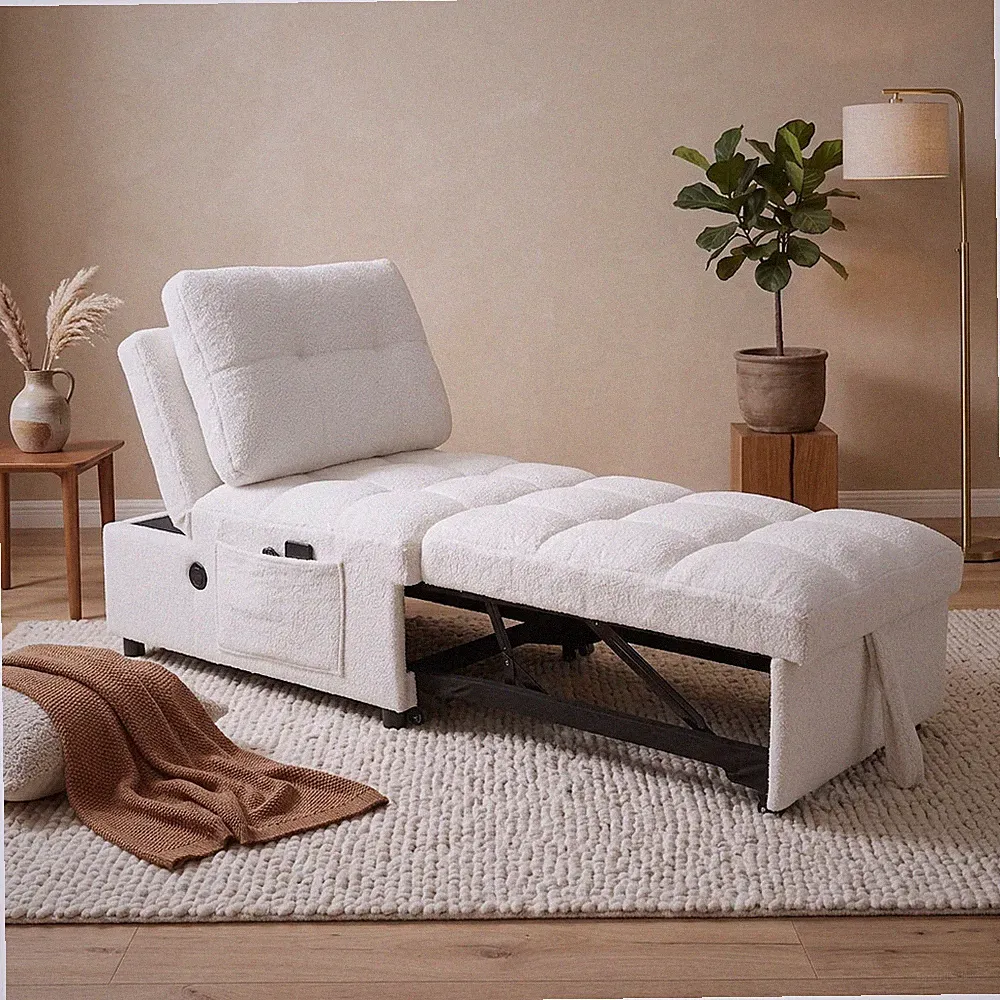Adjustable Single Sofa Bed, USB Charging Port, Side Storage Pocket For Living