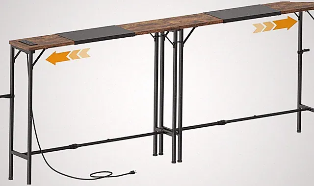 Adjustable Sofa Table with Power Outlet & USB-C, Rustic Brown, 63.77-78.74