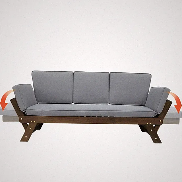 Adjustable Wood Outdoor Daybed Sofa Chaise w/Cushions, Brown/Gray, Space-Saving