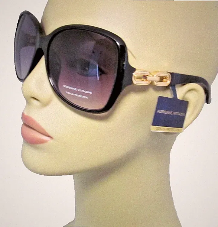 ADRIENNE VITTADINI Black Oversized Oval Sunglasses Gold Chain Temples AV1090-001