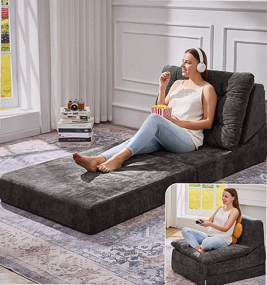 Adult Folding Sofa Bed, Large Comfy Floor Lounger, Chenille Grey | Foldable Bone