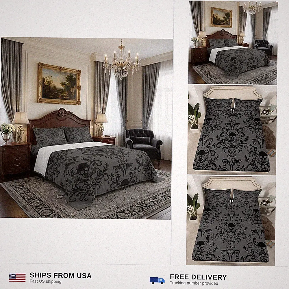 Adults Black Damask Sheet Set Antique Victorian Baroque Bed Sheets Set King S...