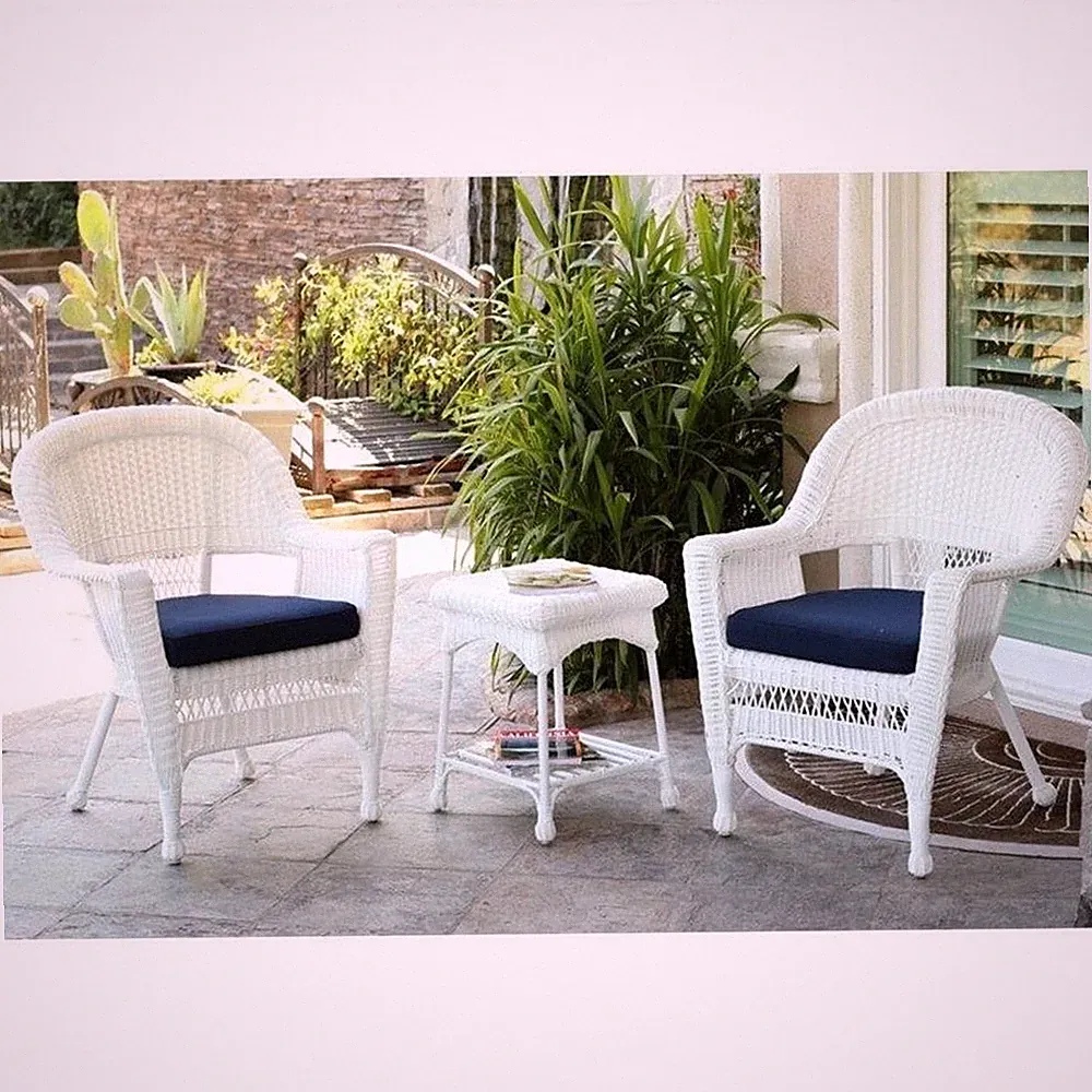 Afuera Living 3 Piece Wicker Outdoor Garden Set in White with Blue Cushions