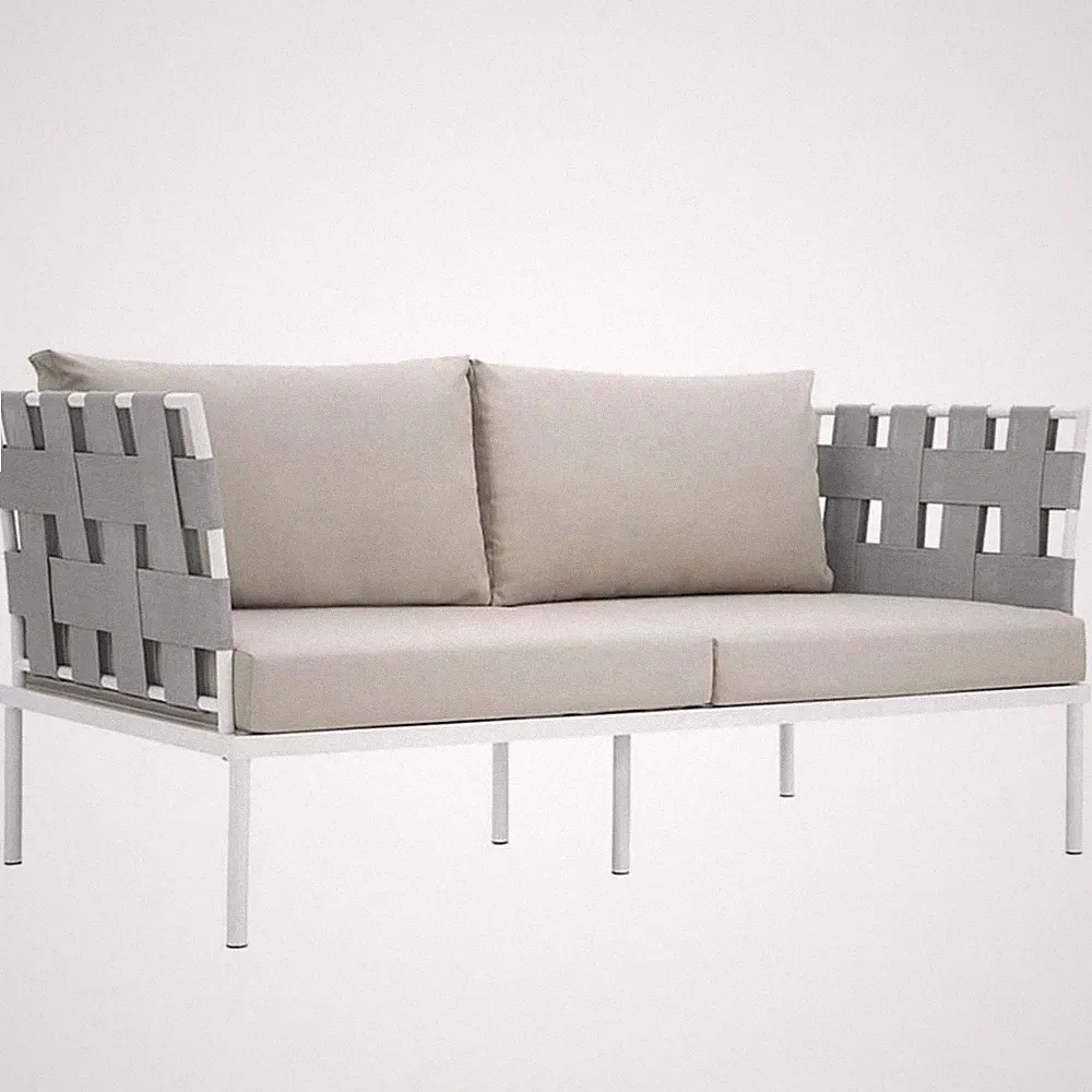 Afuera Living 64" Modern Fabric/Aluminum Patio Loveseat in Beige/White