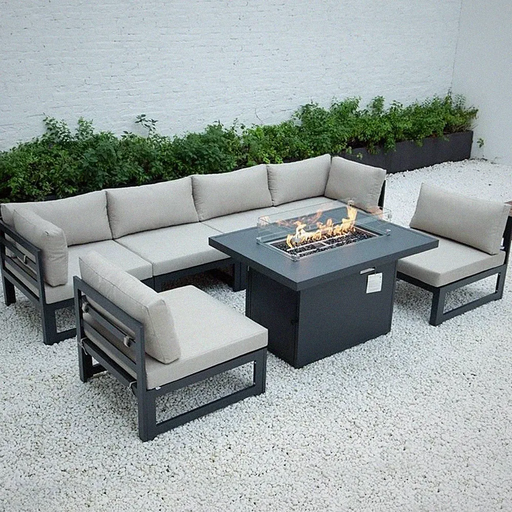 Afuera Living 7-Piece Fabric/Aluminum Sectional & Fire Pit Table in Beige/Black