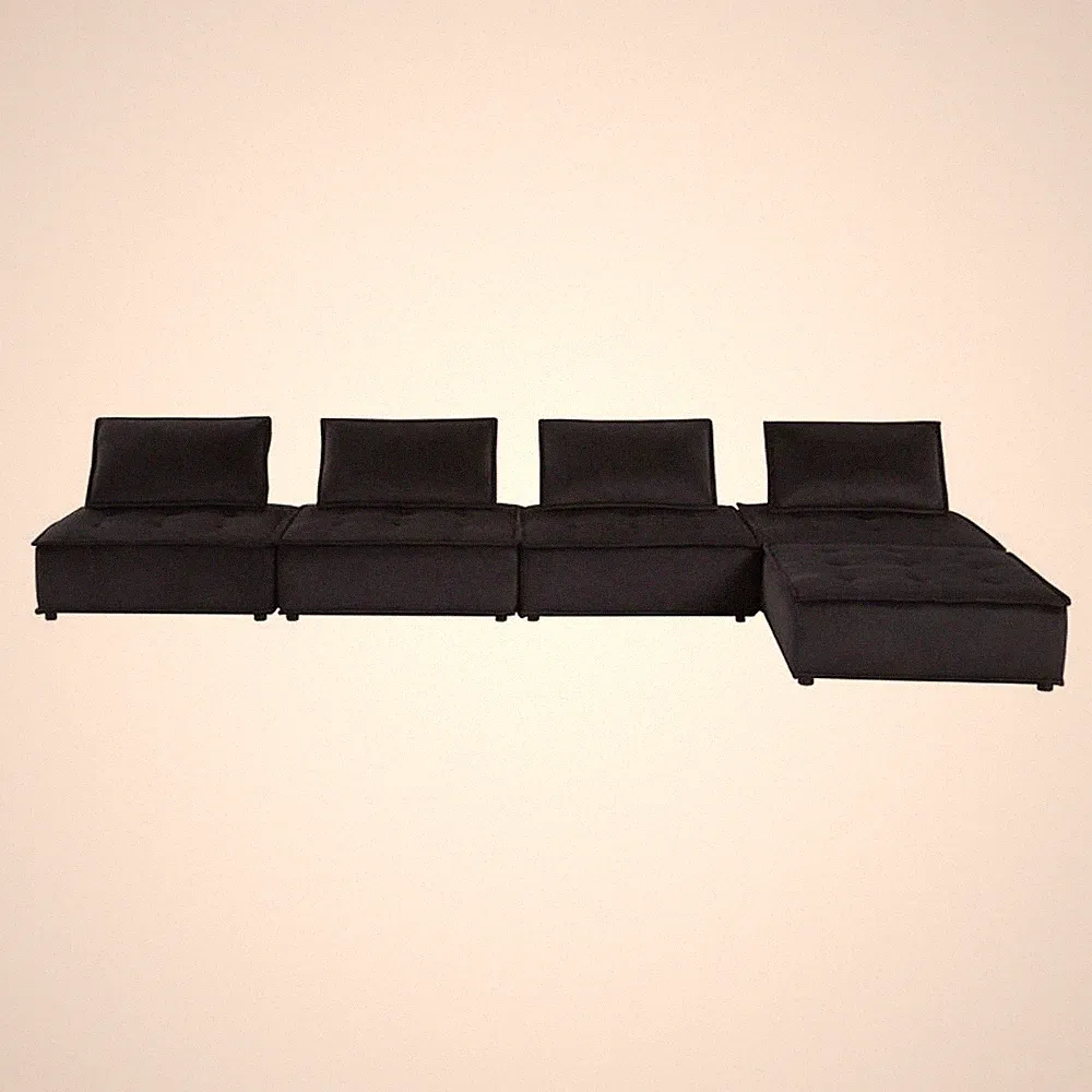 Alaya 120 Inch Tufted 5 Piece Sectional Sofa- Back Cushions- Black Velvet
