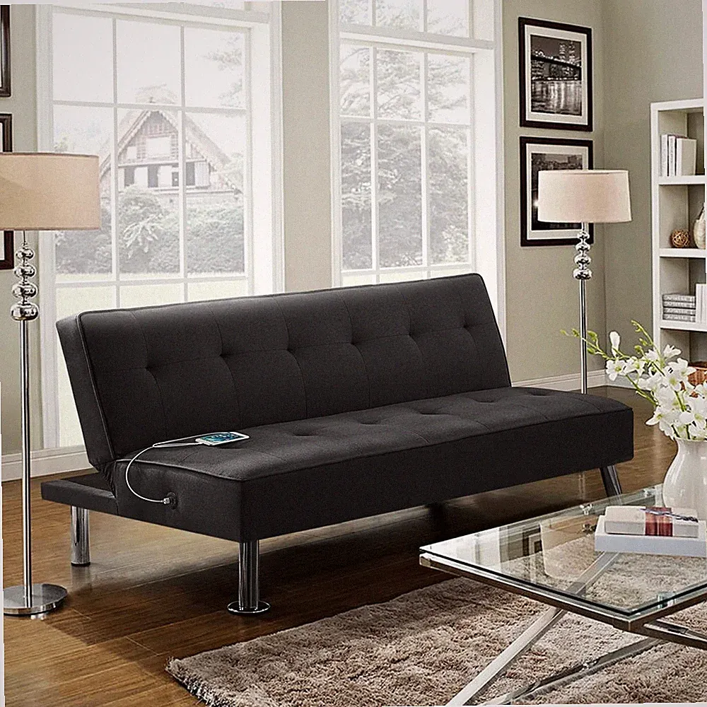 Alden 66" Modern Convertible Futon Sofa Bed with USB - Black Design