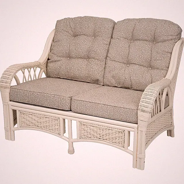 Alexa Living Sofa Natural Rattan Wicker Handmade with Cushions, White