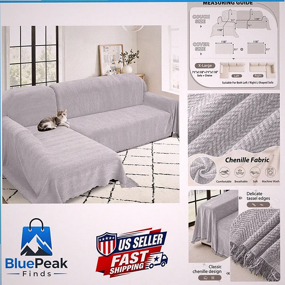 ALIECOM L Shape Sectional Couch Cover 2 Piece Thick Chenille for Dogs Pets