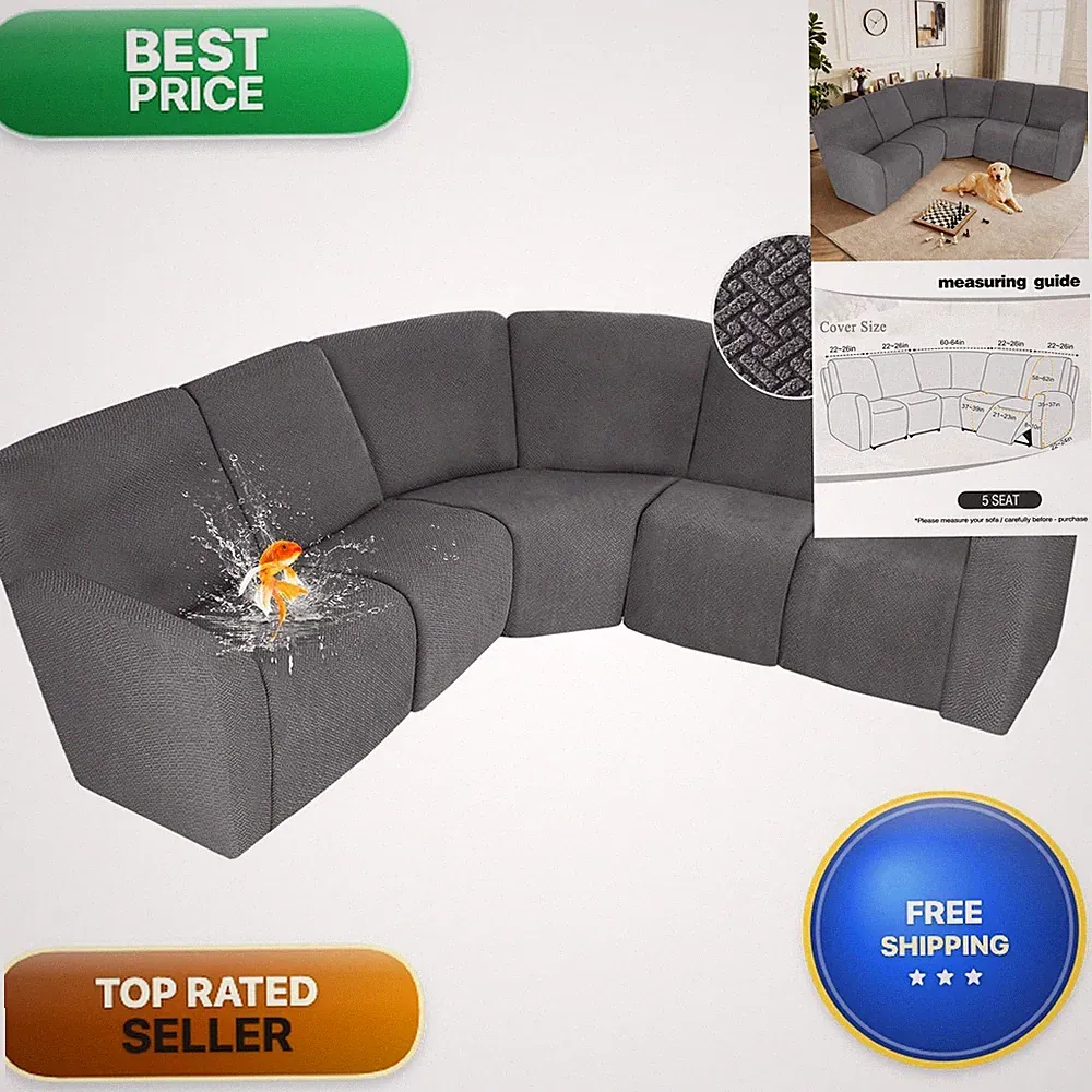 ALIECOM Waterproof Recliner Sectional Couch Cover L Shape 5 Seat Medium Gray