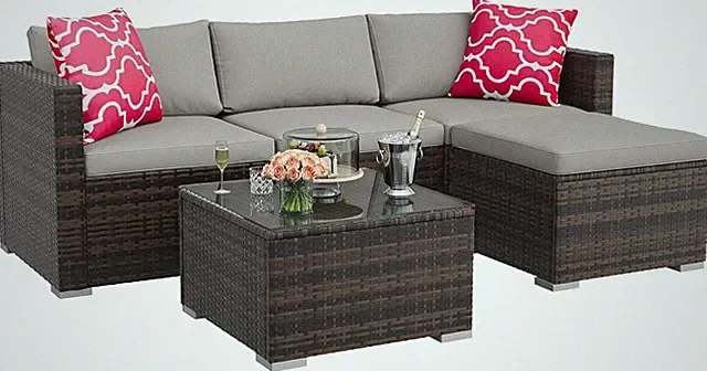 All-Weather 5-Piece Patio Furniture Set with Convertible Sofa & Glass Table