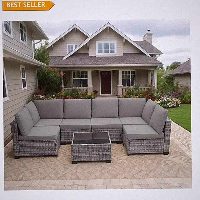 All-Weather 7-Piece Grey PE Rattan Wicker Outdoor Furniture for Modern Patios