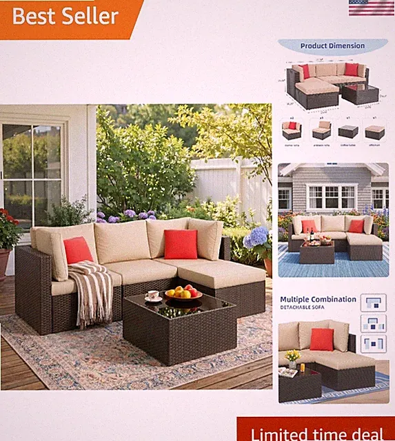 All-Weather Beige 5-Piece Outdoor Furniture Set - Ideal for Garden & Porch