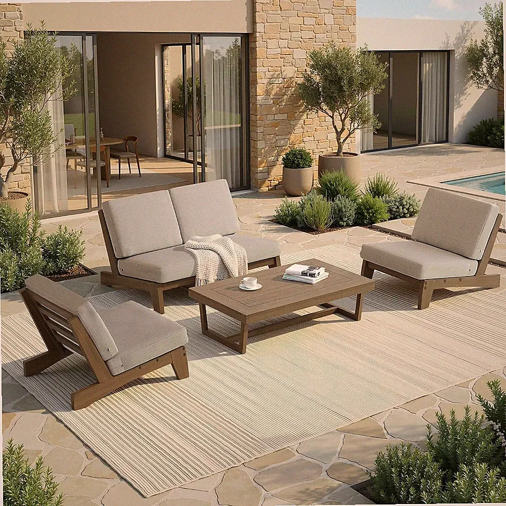 All Weather Patio Furniture Sets, 4 Pieces Teak Wood Outdoor Sectional Futniture