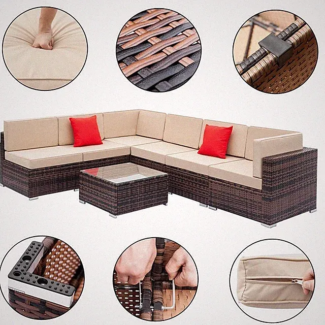 All Weather Patio Set of 7 Rattan Furniture Wicker Royal Blue Cushioned Sofa Set
