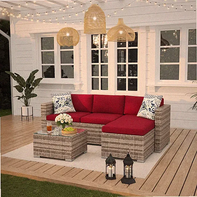 All-Weather PE Rattan Sofa Set 5-Piece Ottoman Glass Storage Table Poolside Pati
