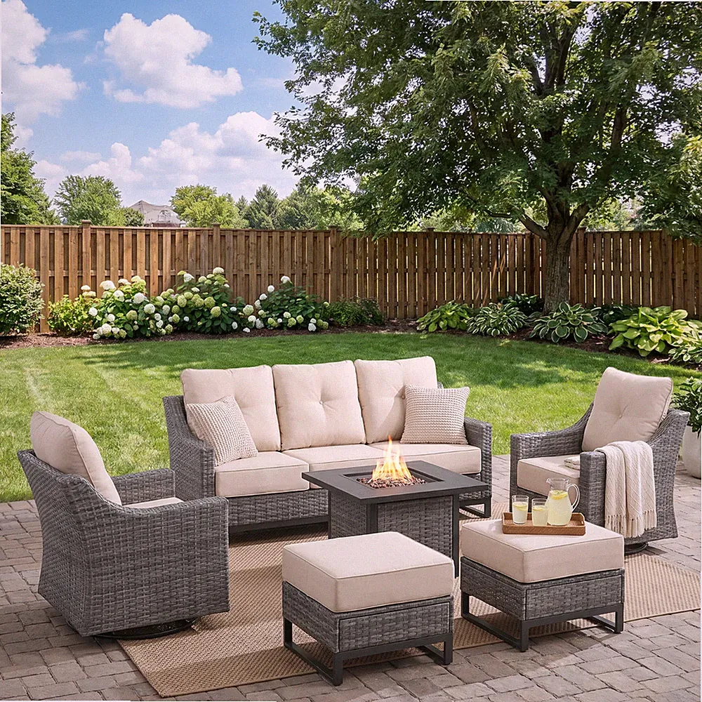 All-Weather Wicker Patio Sectional w/ Fire Pit Table, Swivel Chairs, Cushions