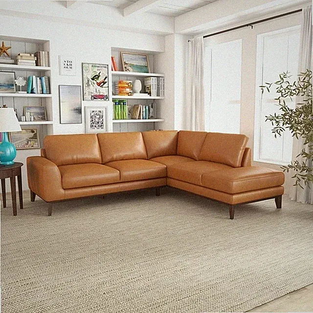 Allestar Living Room L-Shaped Tufted Leather Tan Right-Facing Sectional Sofa