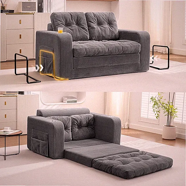 ALLGOD Grey Convertible Sofa Bed with Pillows, Pull Out Couch with Cup Holder an