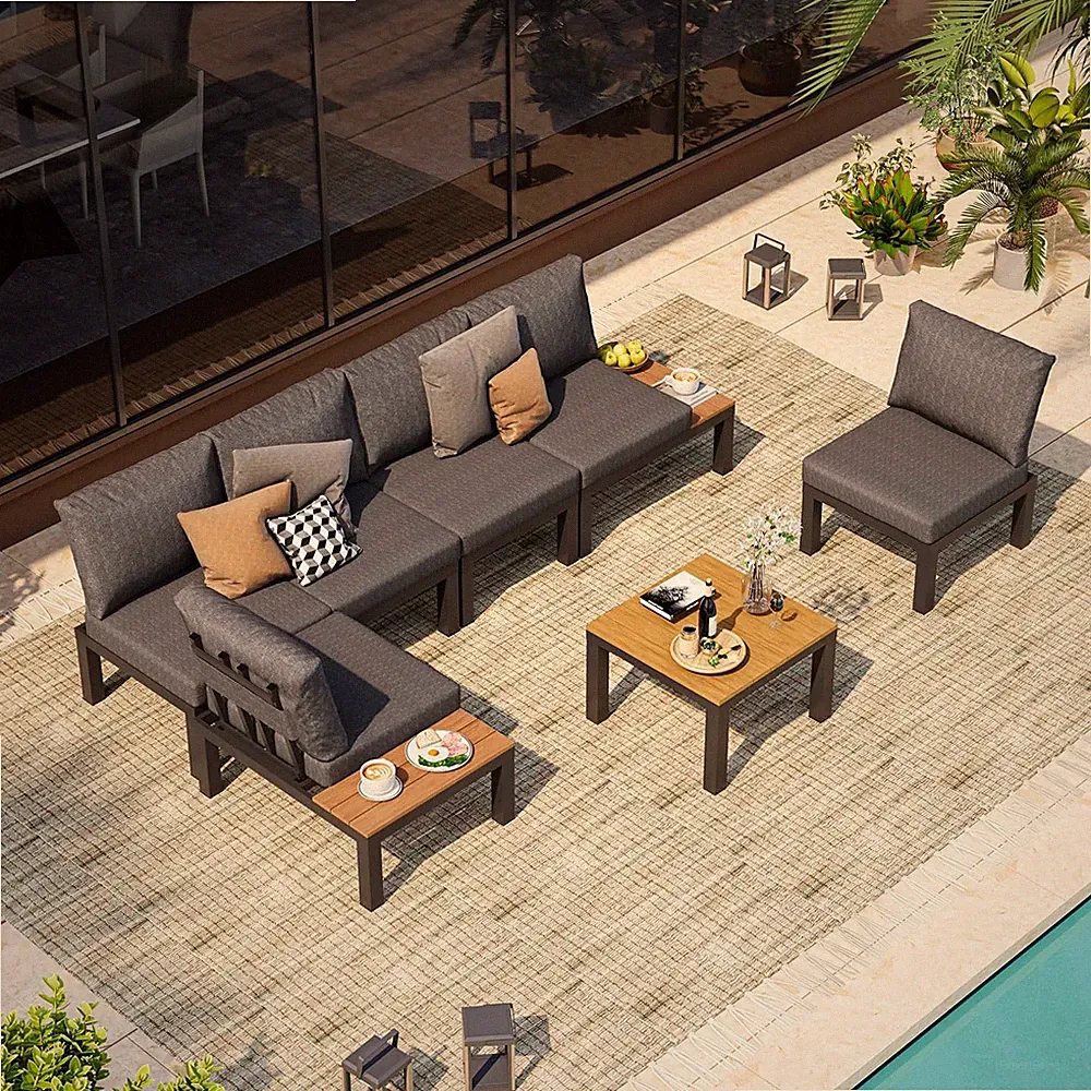Aluminum Modular Outdoor Patio Furniture Set, 6 Seats Patio Sectional Sofa Set w