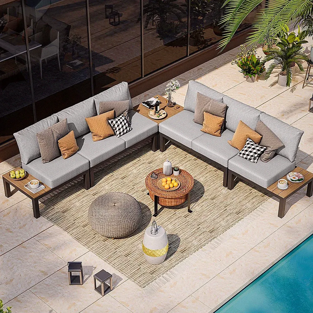 Aluminum Modular Outdoor Patio Furniture Set, 6 Seats Sectional Sofa Set with Ad