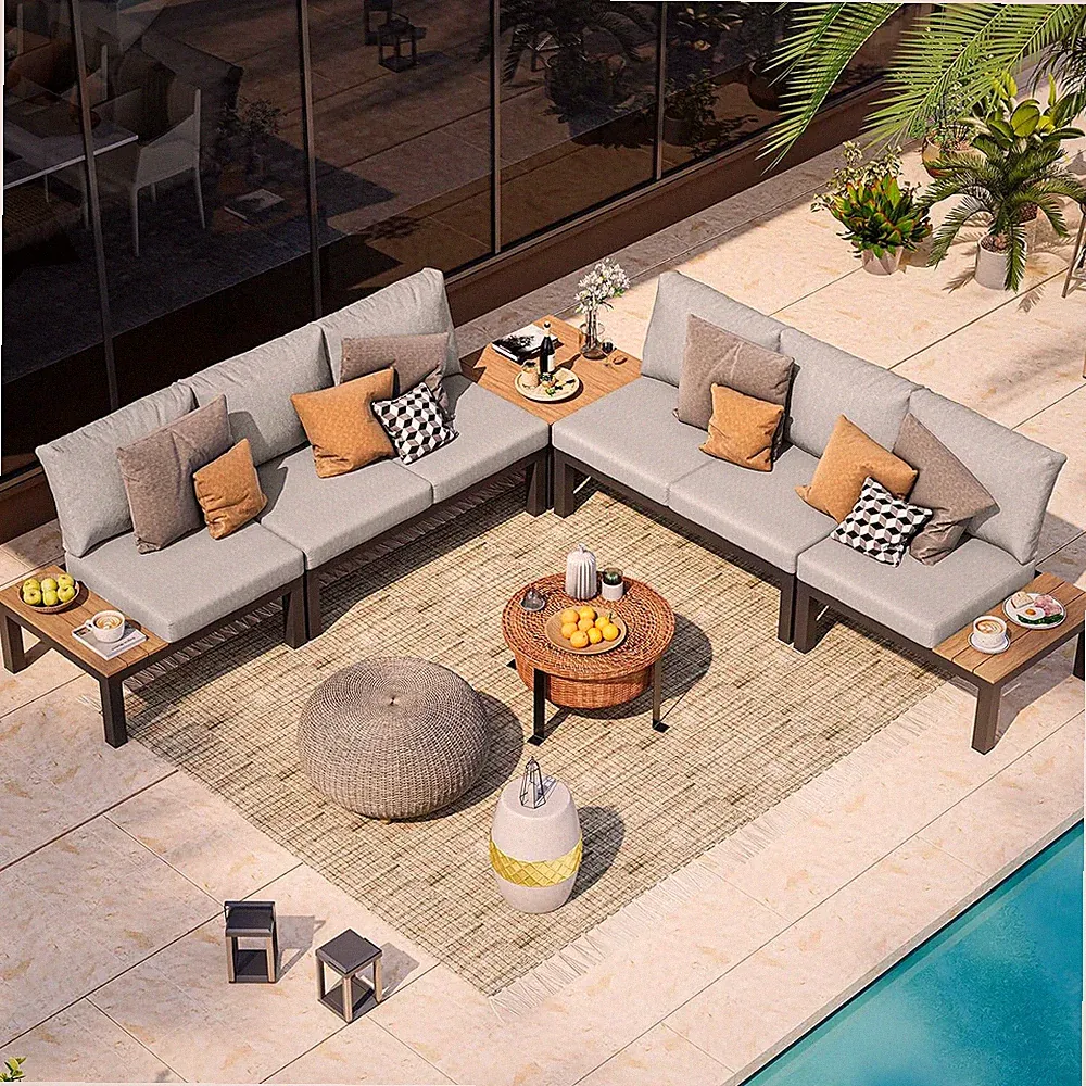 Aluminum Modular Outdoor Patio Furniture Set, 6 Seats Sectional Sofa Set with Ad
