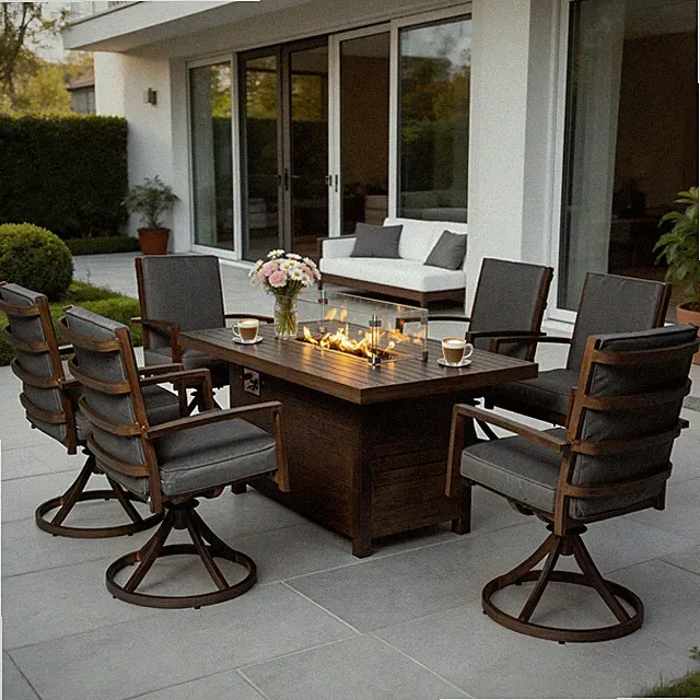 Aluminum Outdoor Dining Set with Fire Pit Table & 6 Swivel Chair Padded Cushion