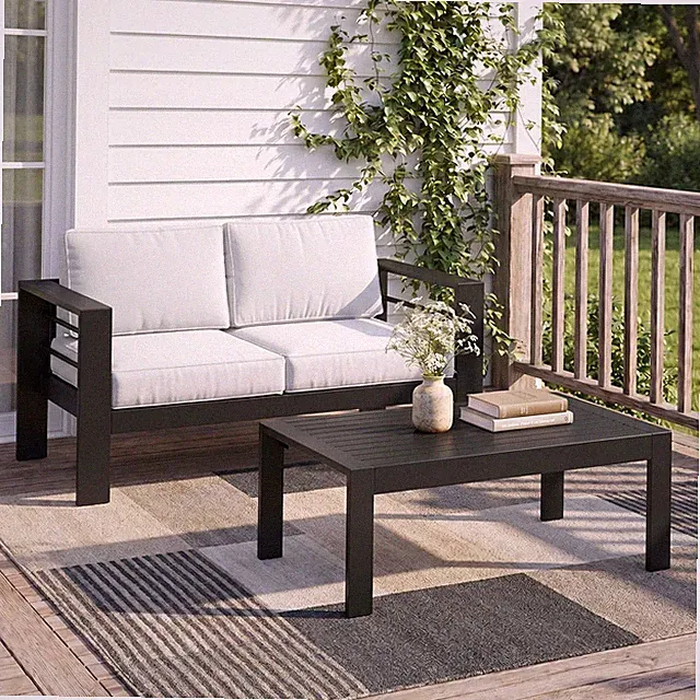 Aluminum Outdoor Loveseat with Coffee Table,2 PCS Patio Furniture Set with Cushi