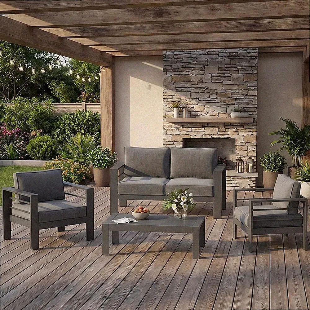 Aluminum Outdoor Patio Furniture Set, 4 Seats Patio Sectional Sofa with 5" Thick