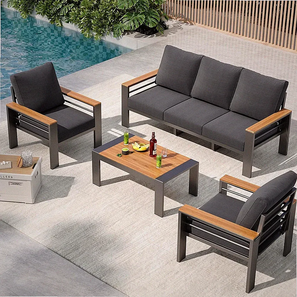 Aluminum Outdoor Patio Furniture Set, 5 Seats Outdoor Sectional with Coffee Tabl