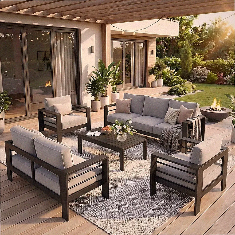 Aluminum Outdoor Patio Furniture Set, 7 Seats Patio Sectional Sofa with 5" Thick