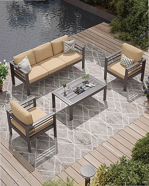 Aluminum Patio Furniture Set, 5 Seats Modern Outdoor Furniture w/Coffee Table