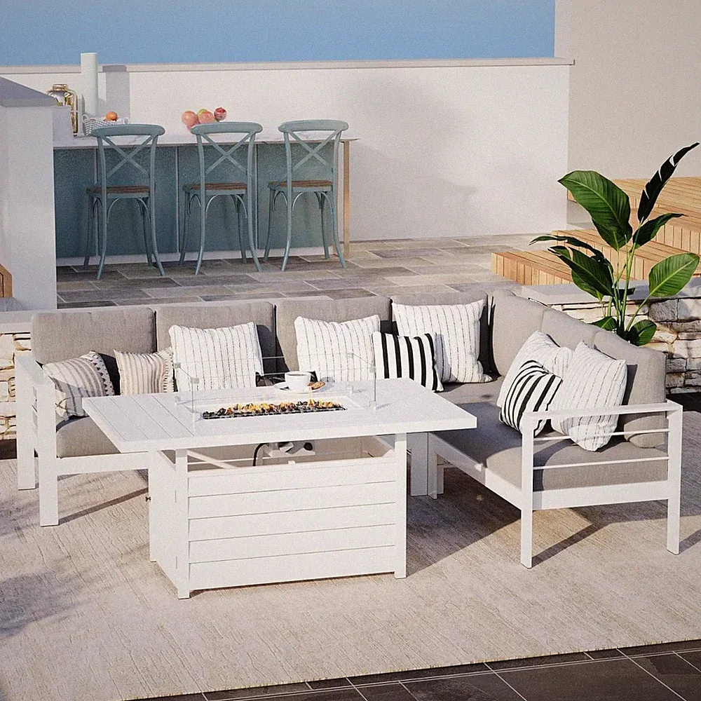 Aluminum Patio Furniture Set with Fire Pit Table, 6 Piece Sectional Metal Outdoo