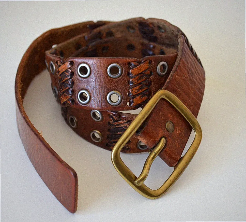 American Eagle Vtg Leather Belt L Grommets Brass Buckle Sections Laced Together