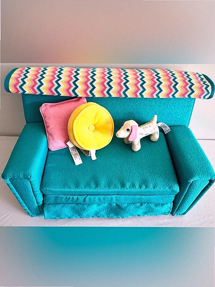 American Girl Maryellen Sofa Bed Set Couch Blanket Pillows Plush Dog