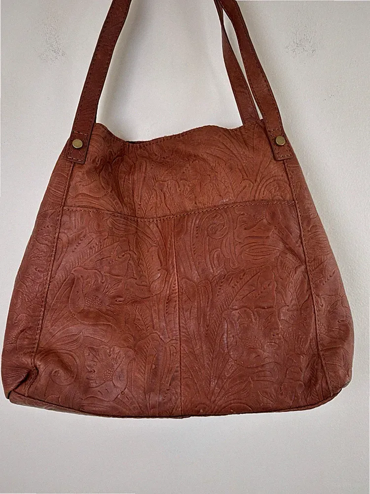 American Leather Co Shoulder Bad Tooled Brown/Cognac Leather Three Sections