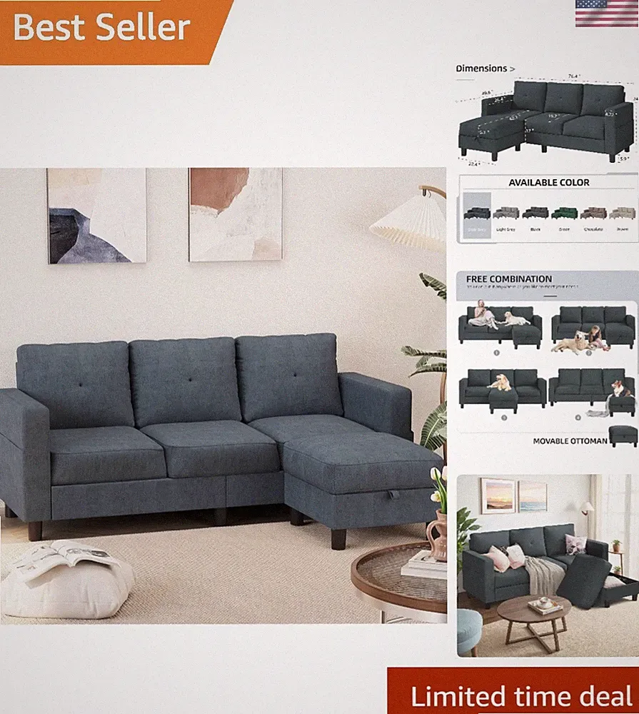 Ample 3-Seater Sectional Sofa with Modular Design and Storage Ottoman, 76 Inches