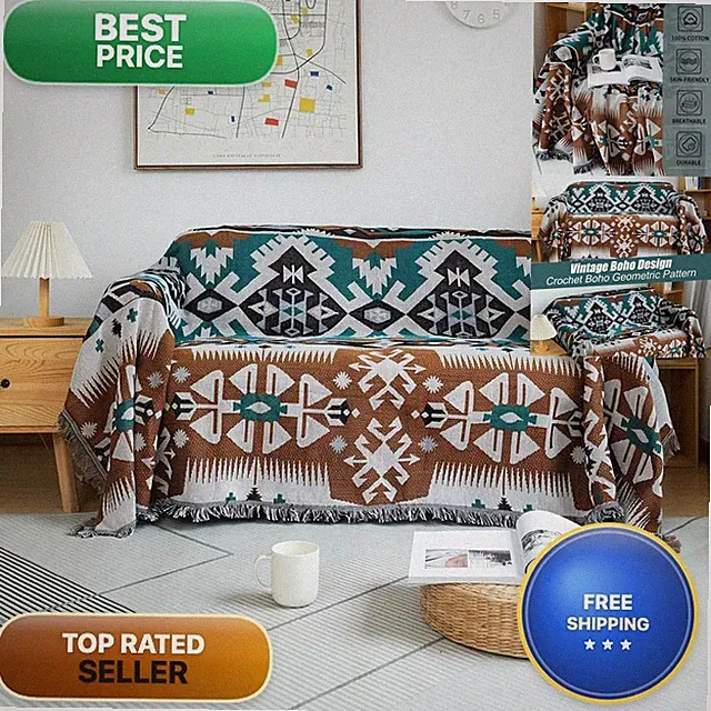AMWAN Cozy Sofa Cover Khaki Green Boho Geometric Pattern Living Room Cotton