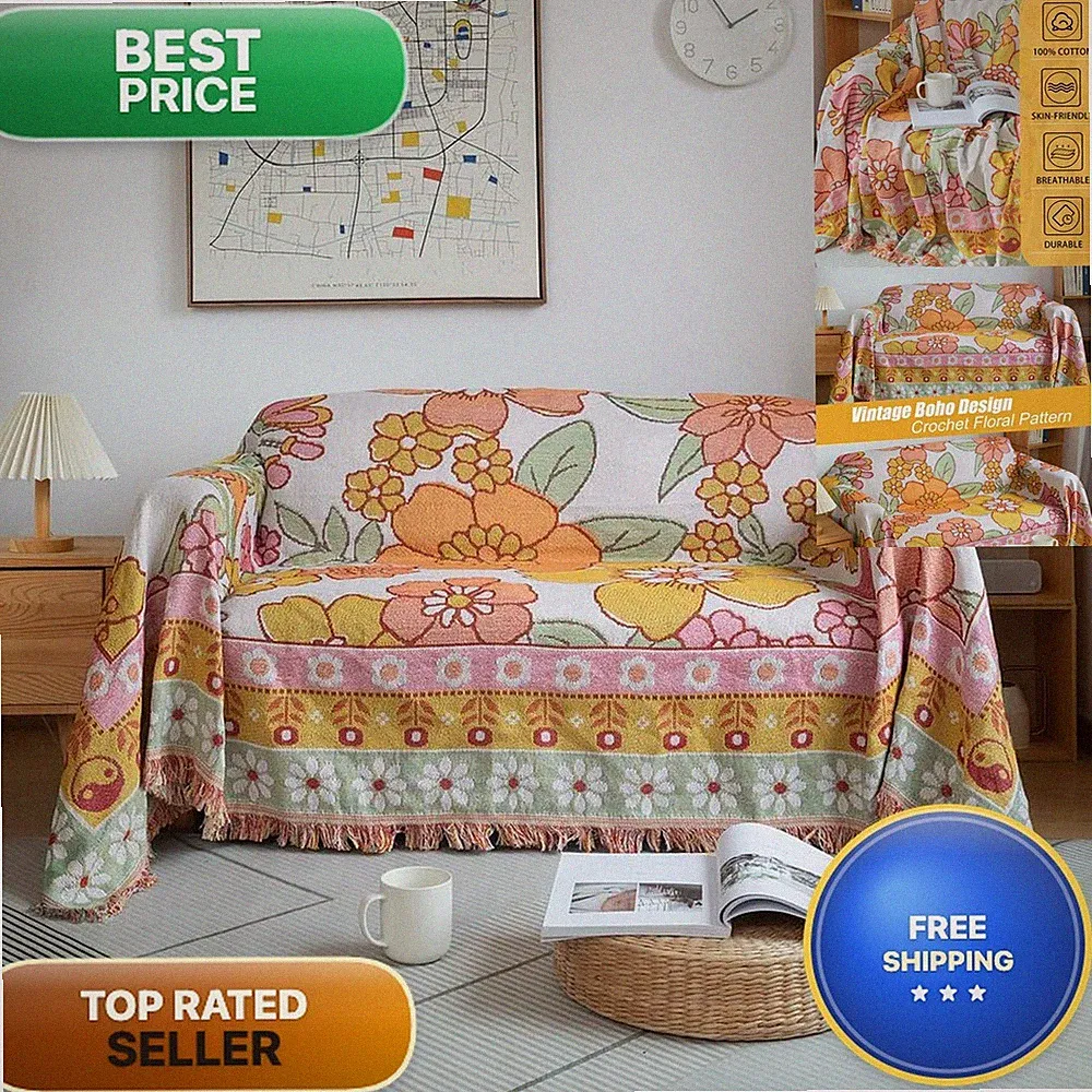 AMWAN Floral Pattern Sofa Cover 71'' x 118'' Cotton Crochet Machine Washable