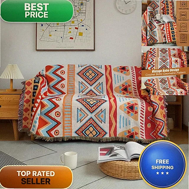 AMWAN Large Beige Couch Cover Red Orange Boho Geometric Pattern, Universal